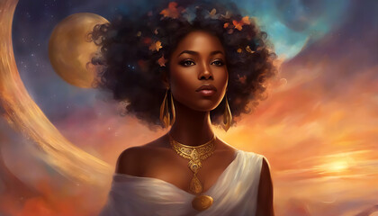 African woman. Fantasy lovely African queen. Fictional dramatic scene. Gold jewelry. Selective focus. AI generated