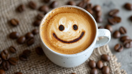 Cup of latte with smiling latte art coffee, hot coffee, Cappuccino art, woodtable background. coffee bean. Generated AI