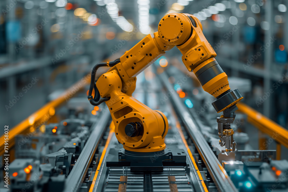 Poster yellow robotic arm in a factory.