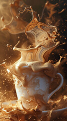 A latte splash in a cup. beverages or refreshment.Creamy latte art swirls pirouette in a clear glass cup, a mesmerizing symphony of coffee and foam. Perfect for beverage brands, cafes, food blogger