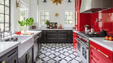 Red Kitchen with Geometric Black & White Tiles - obrazy, fototapety, plakaty