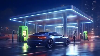 Electric car charging at a gas station in the city, industrial landscape, neon elements, healthy environment without harmful emissions. Eco concept. 