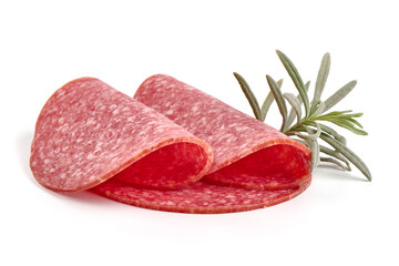 Salami slices isolated on white background.