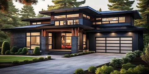 Deurstickers luxury home 3d renderingLuxurious new construction home. Modern style house with car garage . © Planetz
