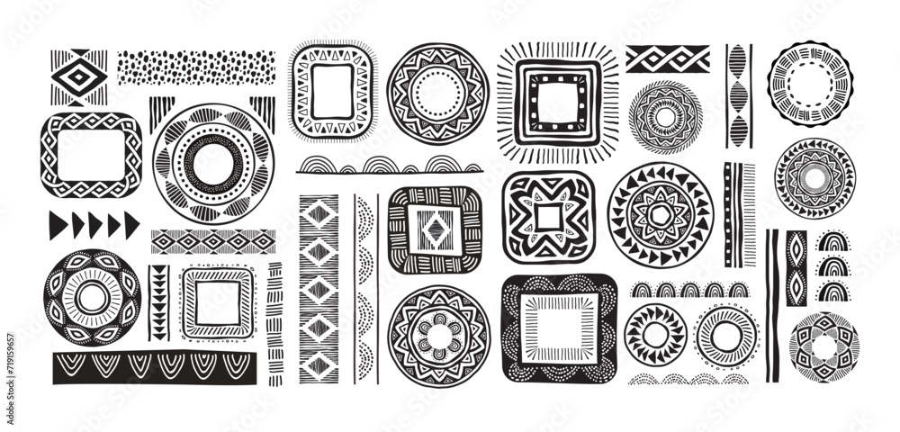 Wall mural african pattern elements, symbols, icons. black and white tribal, aztec, african, indian hand drawn 