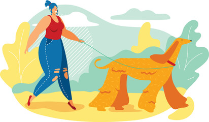 Young woman walking her large dog in a park, sunny day stroll. Pet care activity with dog walking on leash, outdoor exercise and companionship. Pet owner enjoys walking a golden dog in nature, outdoor