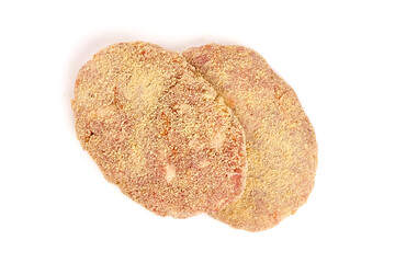 Pork patties in breadcrumbs, isolated on white background. High resolution image.