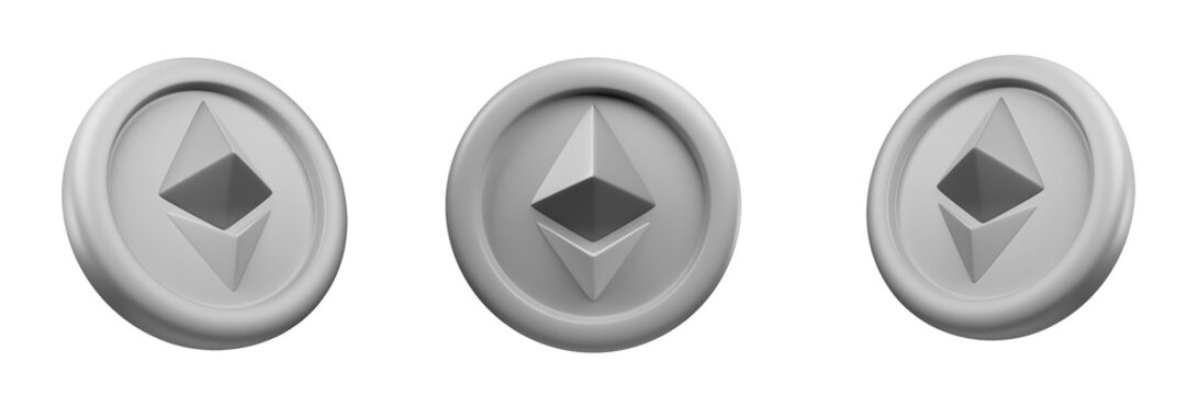 Ethereum or ETH Silver Coin 3d Set rendering cryptocurrency illustration cartoon style, blockchain or cryptocurrency design theme