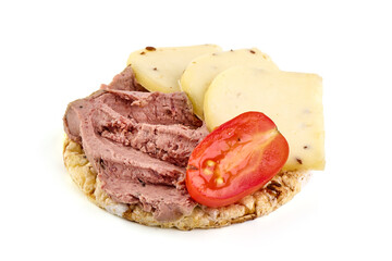 Liver pate sandwich, close-up, isolated on white background.