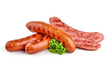 Grilled bratwurst Pork Sausages, close-up, isolated on white background.
