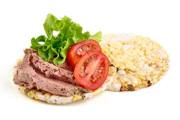 Liver pate sandwich, close-up, isolated on white background.