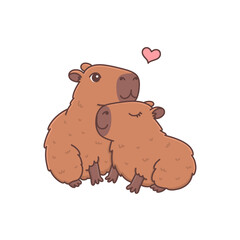 Cute hugging capybaras valentines. Funny rodent couple in love. Adorable sweet animals. Vector illustration cartoon style for holiday print isolated on white background. Valentine's Day card