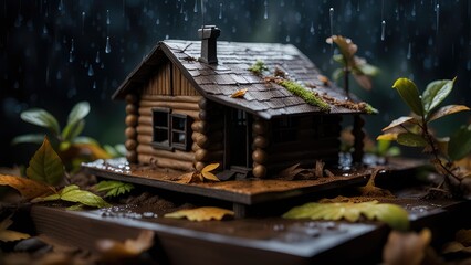 Miniature Log Cabin in the rain at night. Real estate concept in the jungle with dark background