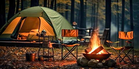 camp fire in the forest, bonfire with burning firewood near chairs and camping tent in forest