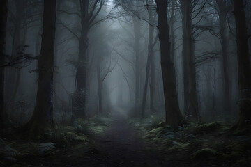 Mysterious forest with a moonlit path fog and a Halloween backdrop hint, Dark, Horror, Unsettling, Eerie