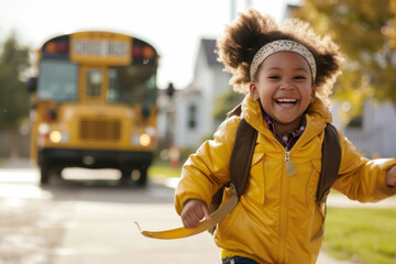 Cheerful Young Student Enjoying After-School Time.
A smiling young student with a backpack runs joyfully with a yellow autumn leaf in hand, a school bus in soft focus behind. - obrazy, fototapety, plakaty