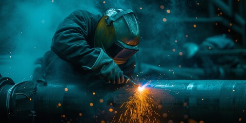 a welder with a shield welds a pipe Generative AI - obrazy, fototapety, plakaty