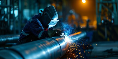 a welder with a shield welds a pipe Generative AI - obrazy, fototapety, plakaty