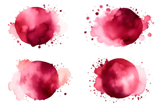 set of abstract burgundy bordo red color watercolor splashes isolated