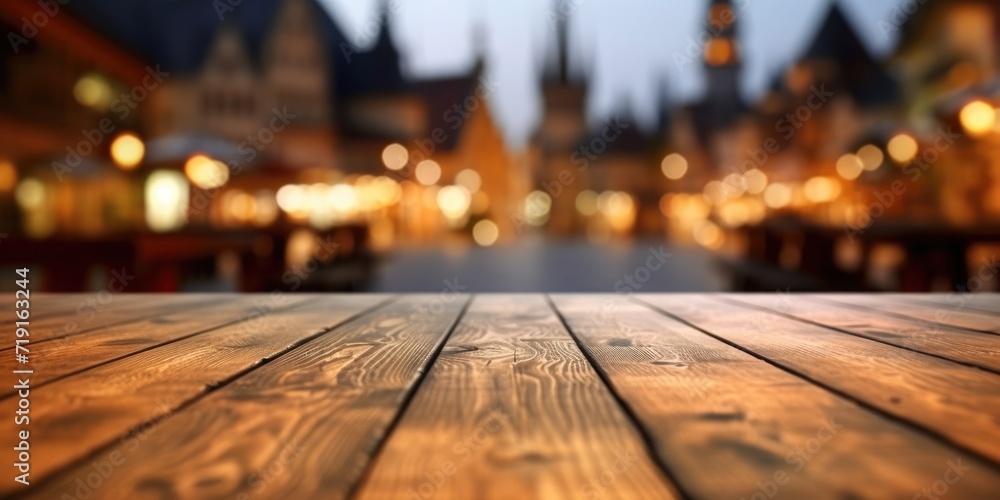 Poster the empty wooden table top with blur background of town square. exuberant image. generative ai