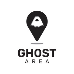 Ghost area logo design, logo design combination of location icon and ghost silhouette, simple and flat stylized logo