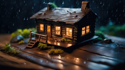 Miniature Log Cabin in the rain at night. Real estate concept in the jungle with dark background