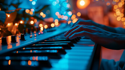 Close up hands playing piano, MIDI keyboard