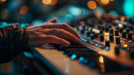 Close up hands playing piano, MIDI keyboard
