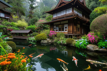 a beautiful japan house with a large flower garden and koi fish pond