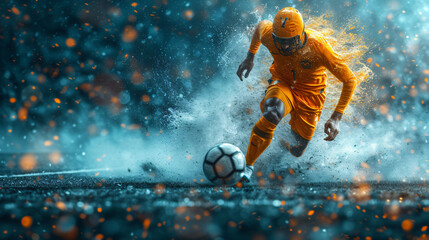 soccer player running fast and kicking a ball while training and playing a match at dramatic...