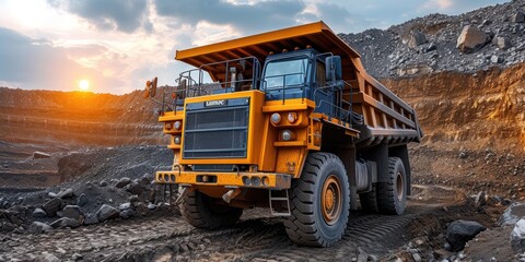 Mining dump truck machine on a dirt terrain