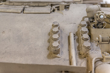 Gray bolts connection, close-up, metal detail