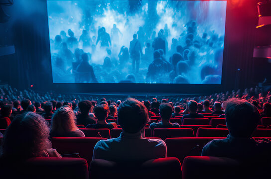 A group of people gathered together to enjoy a movie projected on a large screen. This image can be used to depict a movie night, cinema experience, or community event
