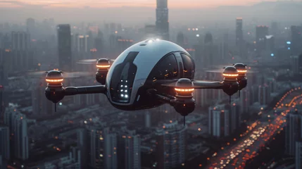 Photo sur Plexiglas TAXI de new york futuristic  roto passenger drone flying in the sky over city for future air transportation and robotaxi concept with copy space area
