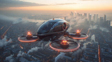 futuristic  roto passenger drone flying in the sky over city for future air transportation and robotaxi concept with copy space area