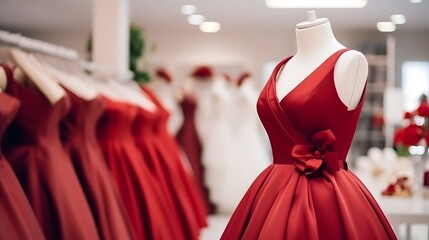 Elegant formal dresses for sale in luxury modern shop boutique. Prom gown, wedding, evening, bridesmaid dresses dress details. Dress rental for various occasions and events. - obrazy, fototapety, plakaty