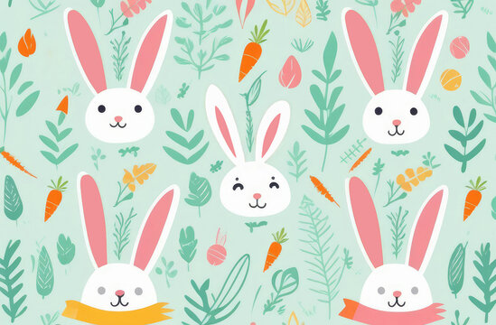 cute bunnies, orange carrots, green leaves, colorful pattern illustration.