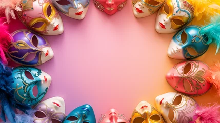 Fotobehang Flat lay frame made of colorful carnival masks on a pastel background. Playful minimalism. Venetian masquerade sale card © VesnAI