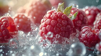 Juicy fresh raspberries splashed with water, close-up capture. vibrant fruit, healthy food concept. nature's desserts, dew-kissed berries. AI