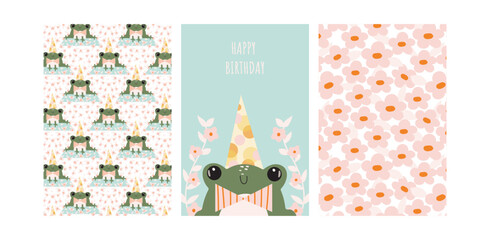 Birthday party cards set. Poster and patterns  collection. Animal party banners with frog and flowers. Bright summer graphic design. 