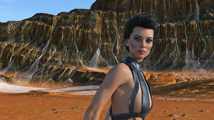 Illustration of an exotic woman looking to the side wearing a brief leather outfit against an alien landscape.