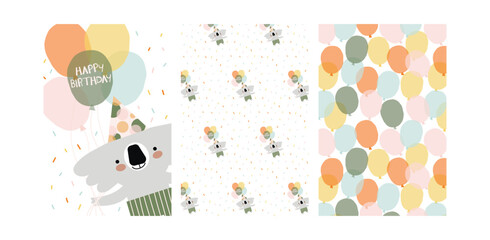 Birthday party cards set. Poster and patterns  collection. Animal party banners with balloons and koala. Bright summer graphic design. 