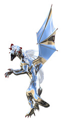 Illustration of a chrome dragon with head looking backward with an open mouth snarling isolated on a white background. - 719168641