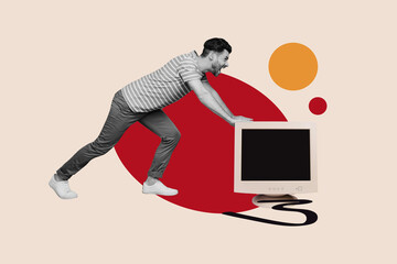 Collage creative poster black white filter powerful scream strong young man push vintage computer...