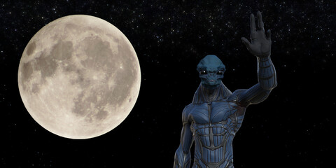 Illustration of an alien with blue skin and arm raised waving hello in the foreground with a full moon in the background. - 719169018