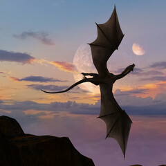 Illustration of a dragon soaring over mountains in an alien sky with dual moons at twilight. - 719169039