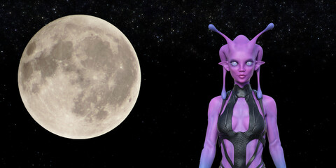 Illustration of a female alien with pink skin and tendrils wearing a leather outfit standing next to a full moon. - 719169227