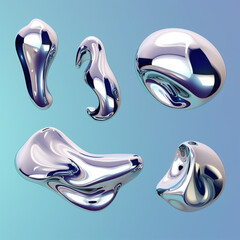 Realistic 3D Chrome abstract liquid shapes with inflated metal objects.