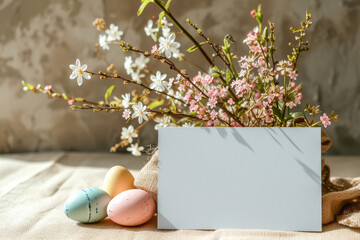 Spring Blossoms and Painted Eggs with Blank Card ,A serene spring setting with blooming branches, colorful painted eggs, and a blank card ready for a personal message.