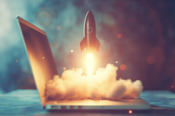 Rocket coming out of laptop screen, innovation and creativity concept.  - obrazy, fototapety, plakaty
